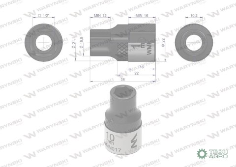 "Nasadka sześciokątna 1/2"". 10 mm. CrV5 BV30. DIN 3124. Waryński "Nasadka sześciokątna 1/2"". 10 mm. CrV5 BV30. DIN 3124. Waryński