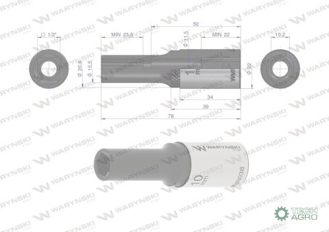 "Nasadka sześciokątna 1/2"". 10 mm. dług . CrV50BV30. DIN 3124. Waryński "Nasadka sześciokątna 1/2"". 10 mm. dług . CrV50BV30. DIN 3124. Waryński
