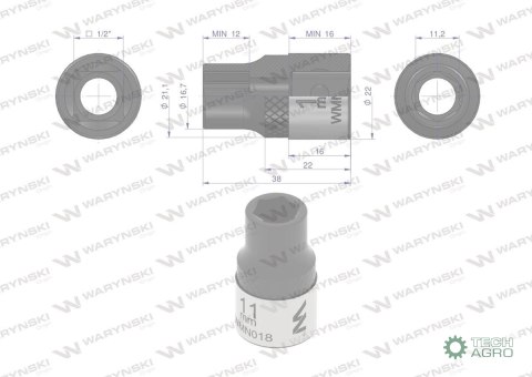 "Nasadka sześciokątna 1/2"". 11 mm. CrV5 BV30. DIN 3124. Waryński "Nasadka sześciokątna 1/2"". 11 mm. CrV5 BV30. DIN 3124. Waryński