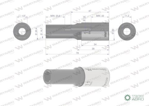 "Nasadka sześciokątna 1/2"". 11 mm. dług . CrV50BV30. DIN 3124. Waryński "Nasadka sześciokątna 1/2"". 11 mm. dług . CrV50BV30. DIN 3124. Waryński