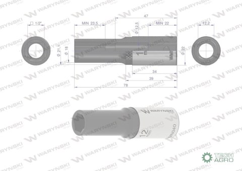 "Nasadka sześciokątna 1/2"". 12 mm. dług . CrV50BV30. DIN 3124. Waryński "Nasadka sześciokątna 1/2"". 12 mm. dług . CrV50BV30. DIN 3124. Waryński