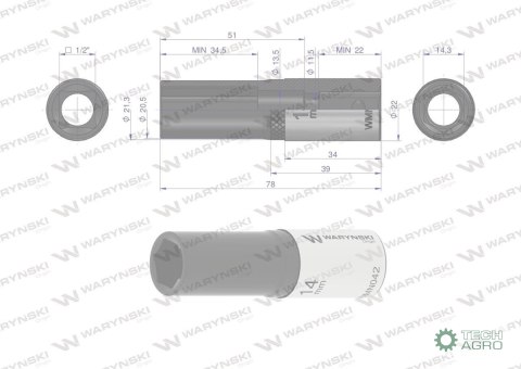 "Nasadka sześciokątna 1/2"". 14 mm. dług . CrV50BV30. DIN 3124. Waryński "Nasadka sześciokątna 1/2"". 14 mm. dług . CrV50BV30. DIN 3124. Waryński