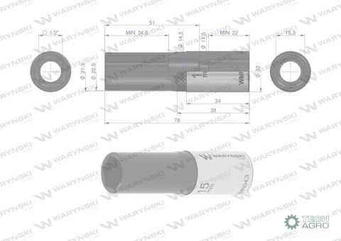"Nasadka sześciokątna 1/2"". 15 mm. dług . CrV50BV30. DIN 3124. Waryński "Nasadka sześciokątna 1/2"". 15 mm. dług . CrV50BV30. DIN 3124. Waryński