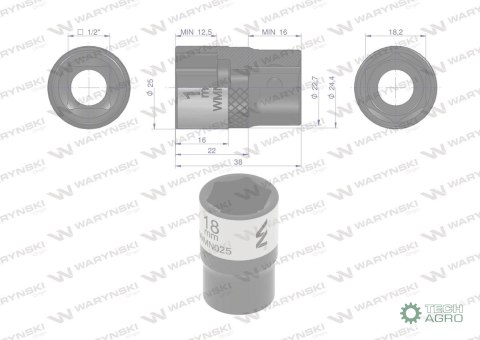 "Nasadka sześciokątna 1/2"". 18 mm. CrV5 BV30. DIN 3124. Waryński "Nasadka sześciokątna 1/2"". 18 mm. CrV5 BV30. DIN 3124. Waryński