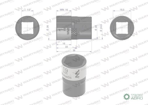 "Nasadka sześciokątna 1/2"". 19 mm. CrV5 BV30. DIN 3124. Waryński "Nasadka sześciokątna 1/2"". 19 mm. CrV5 BV30. DIN 3124. Waryński