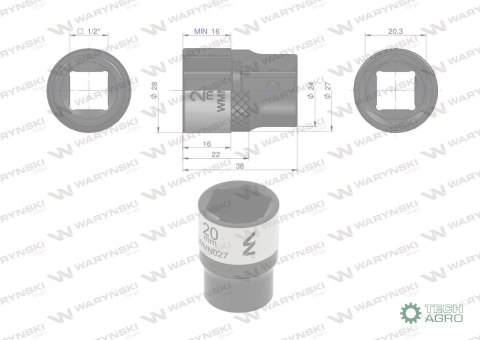 "Nasadka sześciokątna 1/2"". 20 mm. CrV5 BV30. DIN 3124. Waryński "Nasadka sześciokątna 1/2"". 20 mm. CrV5 BV30. DIN 3124. Waryński