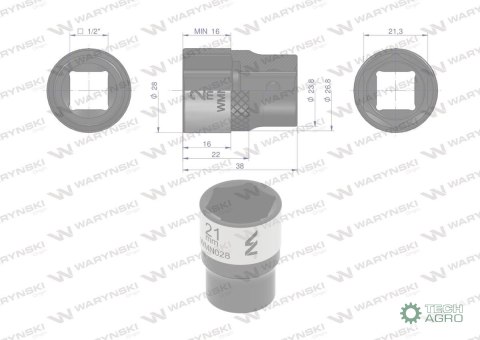 "Nasadka sześciokątna 1/2"". 21 mm. CrV5 BV30. DIN 3124. Waryński "Nasadka sześciokątna 1/2"". 21 mm. CrV5 BV30. DIN 3124. Waryński