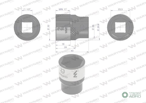 "Nasadka sześciokątna 1/2"". 23 mm. CrV5 BV30. DIN 3124. Waryński "Nasadka sześciokątna 1/2"". 23 mm. CrV5 BV30. DIN 3124. Waryński