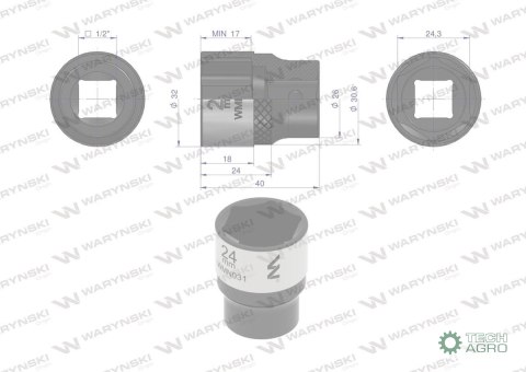 "Nasadka sześciokątna 1/2"". 24 mm. CrV5 BV30. DIN 3124. Waryński "Nasadka sześciokątna 1/2"". 24 mm. CrV5 BV30. DIN 3124. Waryński