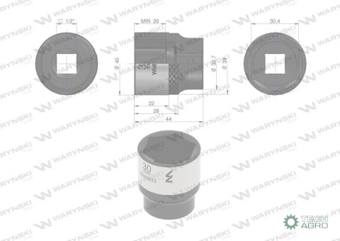 "Nasadka sześciokątna 1/2"". 30 mm. CrV5 BV30. DIN 3124. Waryński "Nasadka sześciokątna 1/2"". 30 mm. CrV5 BV30. DIN 3124. Waryński