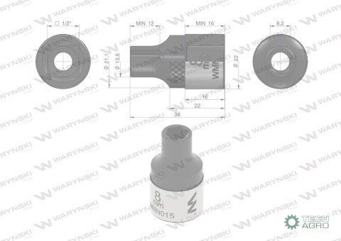 "Nasadka sześciokątna 1/2"". 8 mm. CrV50 V30. DIN 3124. Waryński "Nasadka sześciokątna 1/2"". 8 mm. CrV50 V30. DIN 3124. Waryński