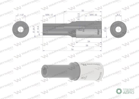 "Nasadka sześciokątna 1/2"". 8 mm. długa CrV50BV30. DIN 3124. Waryński "Nasadka sześciokątna 1/2"". 8 mm. długa CrV50BV30. DIN 3124. Waryński