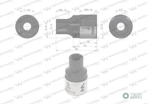 "Nasadka sześciokątna 1/2"". 9 mm. CrV50 V30. DIN 3124. Waryński "Nasadka sześciokątna 1/2"". 9 mm. CrV50 V30. DIN 3124. Waryński