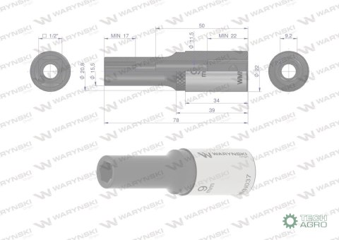 "Nasadka sześciokątna 1/2"". 9 mm. długa CrV50BV30. DIN 3124. Waryński "Nasadka sześciokątna 1/2"". 9 mm. długa CrV50BV30. DIN 3124. Waryński