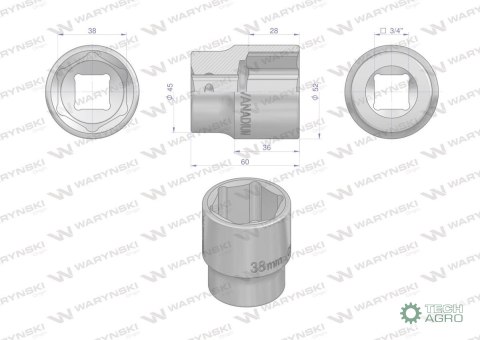 "Nasadka sześciokątna 3/4"". 38 mm. CrV5 BV30. DIN 3124. Waryński "Nasadka sześciokątna 3/4"". 38 mm. CrV5 BV30. DIN 3124. Waryński