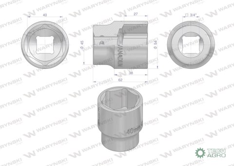 "Nasadka sześciokątna 3/4"". 40 mm. CrV5 BV30. DIN 3124. Waryński "Nasadka sześciokątna 3/4"". 40 mm. CrV5 BV30. DIN 3124. Waryński