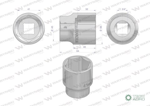 "Nasadka sześciokątna 3/4"". 41 mm. CrV5 BV30. DIN 3124. Waryński "Nasadka sześciokątna 3/4"". 41 mm. CrV5 BV30. DIN 3124. Waryński