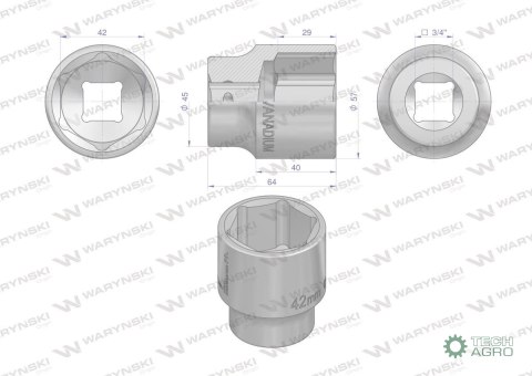 "Nasadka sześciokątna 3/4"". 42 mm. CrV5 BV30. DIN 3124. Waryński "Nasadka sześciokątna 3/4"". 42 mm. CrV5 BV30. DIN 3124. Waryński