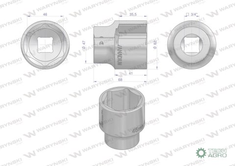 "Nasadka sześciokątna 3/4"". 46 mm. CrV5 BV30. DIN 3124. Waryński "Nasadka sześciokątna 3/4"". 46 mm. CrV5 BV30. DIN 3124. Waryński