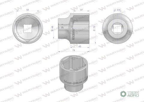 "Nasadka sześciokątna 3/4"". 54 mm. CrV5 BV30. DIN 3124. Waryński "Nasadka sześciokątna 3/4"". 54 mm. CrV5 BV30. DIN 3124. Waryński