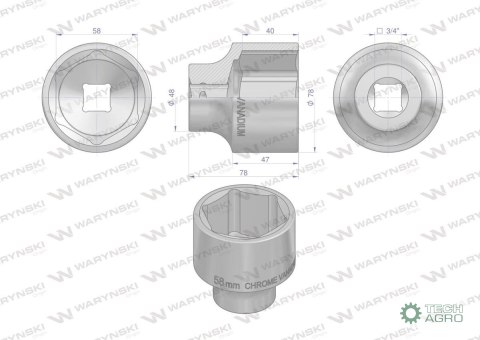 "Nasadka sześciokątna 3/4"". 58 mm. CrV5 BV30. DIN 3124. Waryński "Nasadka sześciokątna 3/4"". 58 mm. CrV5 BV30. DIN 3124. Waryński