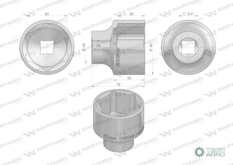 "Nasadka sześciokątna 3/4"". 60 mm. CrV5 BV30. DIN 3124. Waryński "Nasadka sześciokątna 3/4"". 60 mm. CrV5 BV30. DIN 3124. Waryński