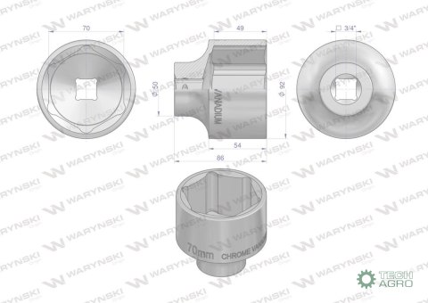 "Nasadka sześciokątna 3/4"". 70 mm. CrV5 BV30. DIN 3124. Waryński "Nasadka sześciokątna 3/4"". 70 mm. CrV5 BV30. DIN 3124. Waryński