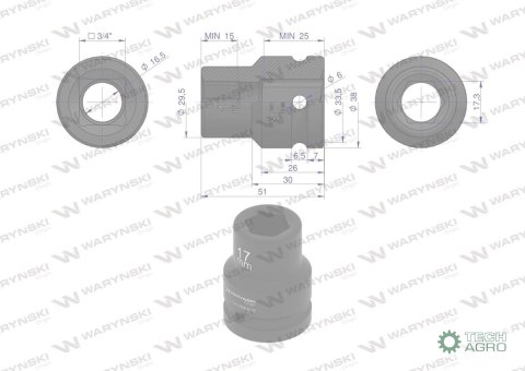 Nasadka udarowa sześciokątna 3/4". 17 mm. CrMo. DIN 3129. Waryński Nasadka udarowa sześciokątna 3/4". 17 mm. CrMo. DIN 3129. Waryński