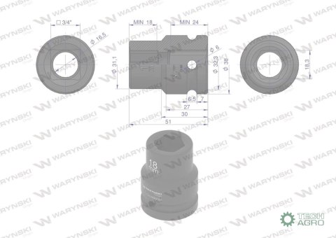 Nasadka udarowa sześciokątna 3/4". 18 mm. CrMo. DIN 3129. Waryński Nasadka udarowa sześciokątna 3/4". 18 mm. CrMo. DIN 3129. Waryński