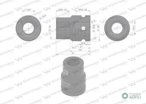 Nasadka udarowa sześciokątna 3/4". 19 mm. CrMo. DIN 3129. Waryński Nasadka udarowa sześciokątna 3/4". 19 mm. CrMo. DIN 3129. Waryński