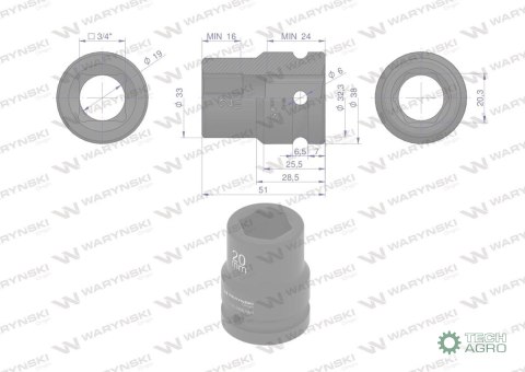Nasadka udarowa sześciokątna 3/4". 20 mm. CrMo. DIN 3129. Waryński Nasadka udarowa sześciokątna 3/4". 20 mm. CrMo. DIN 3129. Waryński