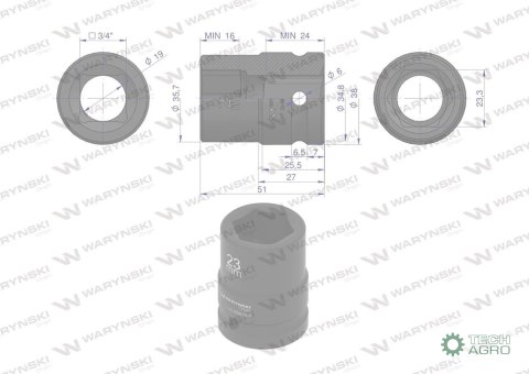 Nasadka udarowa sześciokątna 3/4". 23 mm. CrMo. DIN 3129. Waryński Nasadka udarowa sześciokątna 3/4". 23 mm. CrMo. DIN 3129. Waryński