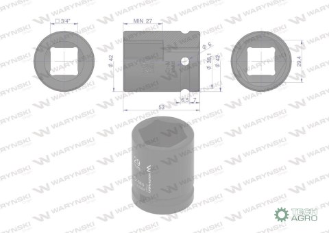 Nasadka udarowa sześciokątna 3/4". 29 mm. CrMo. DIN 3129. Waryński Nasadka udarowa sześciokątna 3/4". 29 mm. CrMo. DIN 3129. Waryński