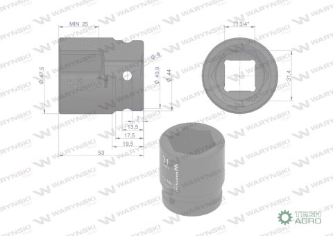 Nasadka udarowa sześciokątna 3/4". 31 mm. CrMo. DIN 3129. Waryński Nasadka udarowa sześciokątna 3/4". 31 mm. CrMo. DIN 3129. Waryński