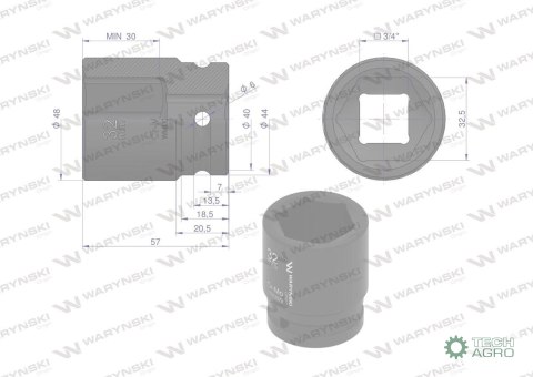 Nasadka udarowa sześciokątna 3/4". 32 mm. CrMo. DIN 3129. Waryński Nasadka udarowa sześciokątna 3/4". 32 mm. CrMo. DIN 3129. Waryński