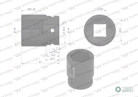 Nasadka udarowa sześciokątna 3/4". 33 mm. CrMo. DIN 3129. Waryński Nasadka udarowa sześciokątna 3/4". 33 mm. CrMo. DIN 3129. Waryński