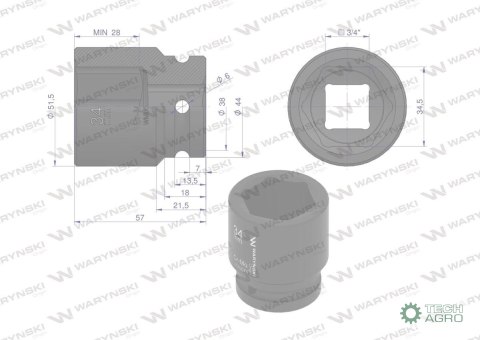Nasadka udarowa sześciokątna 3/4". 34 mm. CrMo. DIN 3129. Waryński Nasadka udarowa sześciokątna 3/4". 34 mm. CrMo. DIN 3129. Waryński