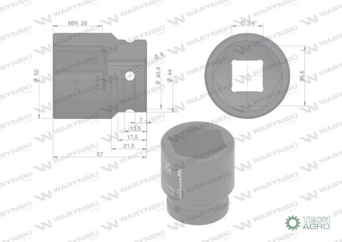 Nasadka udarowa sześciokątna 3/4". 36 mm. CrMo. DIN 3129. Waryński Nasadka udarowa sześciokątna 3/4". 36 mm. CrMo. DIN 3129. Waryński
