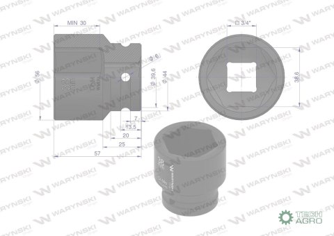 Nasadka udarowa sześciokątna 3/4". 38 mm. CrMo. DIN 3129. Waryński Nasadka udarowa sześciokątna 3/4". 38 mm. CrMo. DIN 3129. Waryński