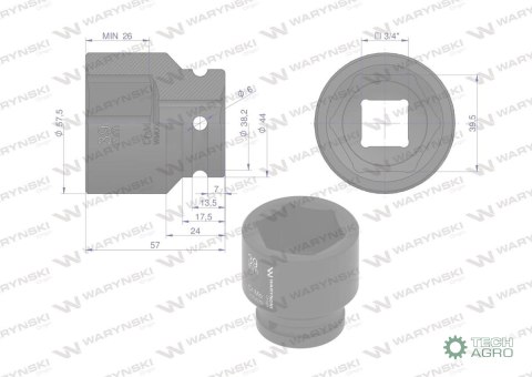 Nasadka udarowa sześciokątna 3/4". 39 mm. CrMo. DIN 3129. Waryński Nasadka udarowa sześciokątna 3/4". 39 mm. CrMo. DIN 3129. Waryński