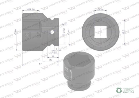Nasadka udarowa sześciokątna 3/4". 40 mm. CrMo. DIN 3129. Waryński Nasadka udarowa sześciokątna 3/4". 40 mm. CrMo. DIN 3129. Waryński