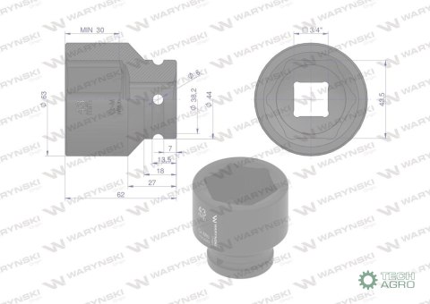 Nasadka udarowa sześciokątna 3/4". 43 mm. CrMo. DIN 3129. Waryński Nasadka udarowa sześciokątna 3/4". 43 mm. CrMo. DIN 3129. Waryński