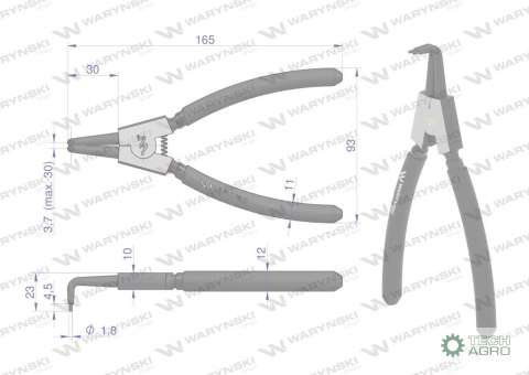Szczypce do pierścieni osadczych 180 mm zewnętrzne wygięte Waryński Szczypce do pierścieni osadczych 180 mm zewnętrzne wygięte Waryński