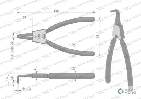 Szczypce do pierścieni osadczych 200 mm zewnętrzne wygięte Waryński Szczypce do pierścieni osadczych 200 mm zewnętrzne wygięte Waryński