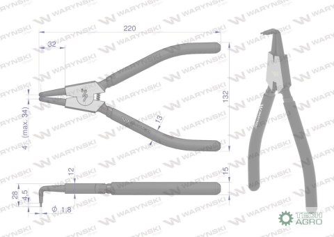 Szczypce do pierścieni osadczych 240 mm zewnętrzne wygięte Waryński Szczypce do pierścieni osadczych 240 mm zewnętrzne wygięte Waryński