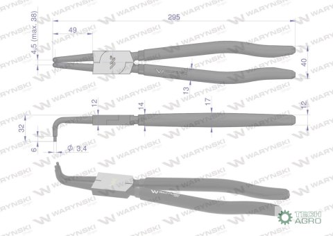 Szczypce do pierścieni osadczych 300 mm wewnętrzne wygięte Waryński Szczypce do pierścieni osadczych 300 mm wewnętrzne wygięte Waryński