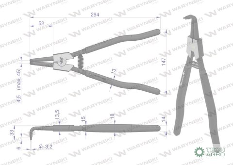 Szczypce do pierścieni osadczych 300 mm zewnętrzne wygięte Waryński Szczypce do pierścieni osadczych 300 mm zewnętrzne wygięte Waryński
