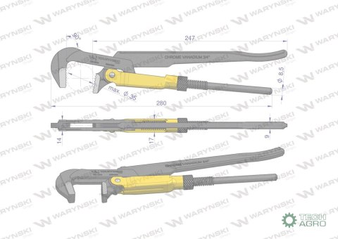 Szczypce nastawne 0,75" szwedzkie do rur szczęki typ 90° o rozstawie max 35mm długość 280mm Waryński Szczypce nastawne 0,75" szwedzkie do rur szczęki typ 90° o rozstawie max 35mm długość 280mm Waryński