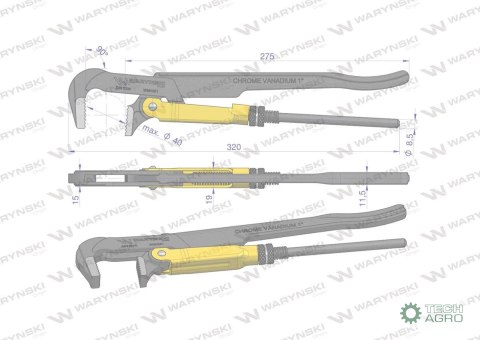 Szczypce nastawne 1" szwedzkie do rur szczęki typ 90° o rozstawie max 40mm długość 320mm Waryński Szczypce nastawne 1" szwedzkie do rur szczęki typ 90° o rozstawie max 40mm długość 320mm Waryński