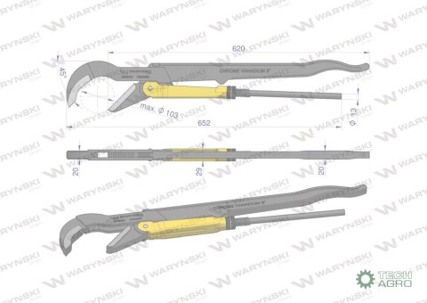 Szczypce nastawne szwedzkie do rur szczęki typ 45° o rozstawie max 103mm długość 652mm Waryński Szczypce nastawne szwedzkie do rur szczęki typ 45° o rozstawie max 103mm długość 652mm Waryński